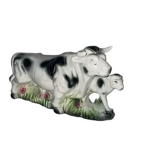 Vintage Japan Cow & Calf Ceramic Figurine Black White Farmhouse Decor